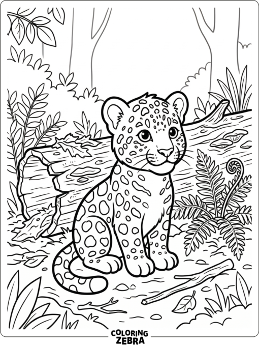 A baby jaguar sitting near a fern