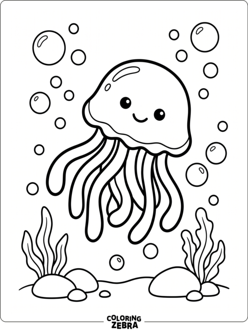 A baby jellyfish floating with soft bubbles