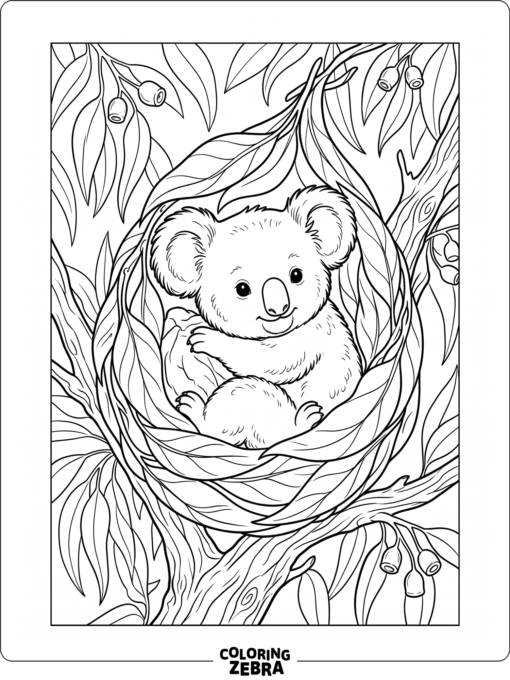 A baby koala in a leafy nest