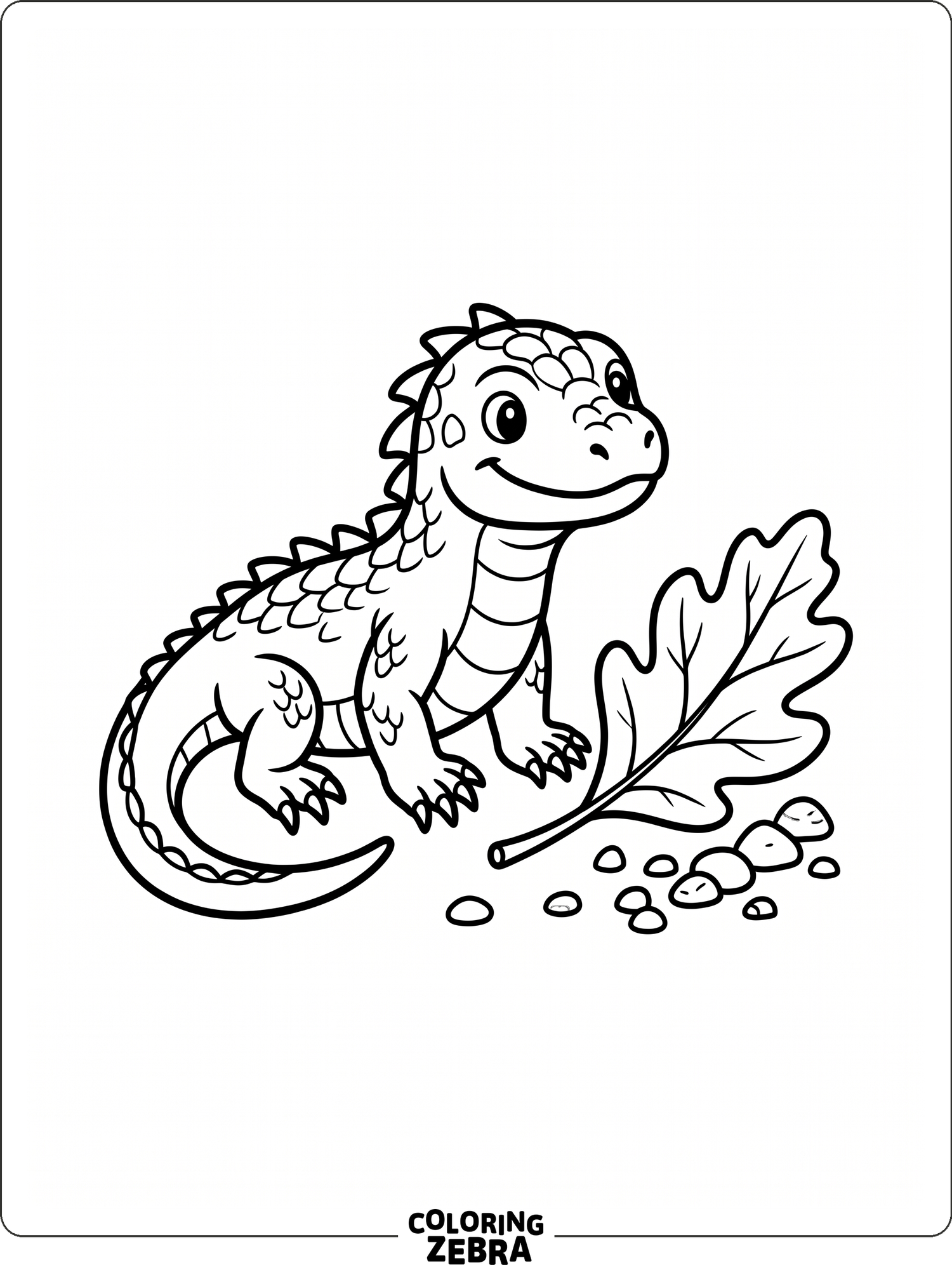 A baby komodo dragon beside a leaf and stones