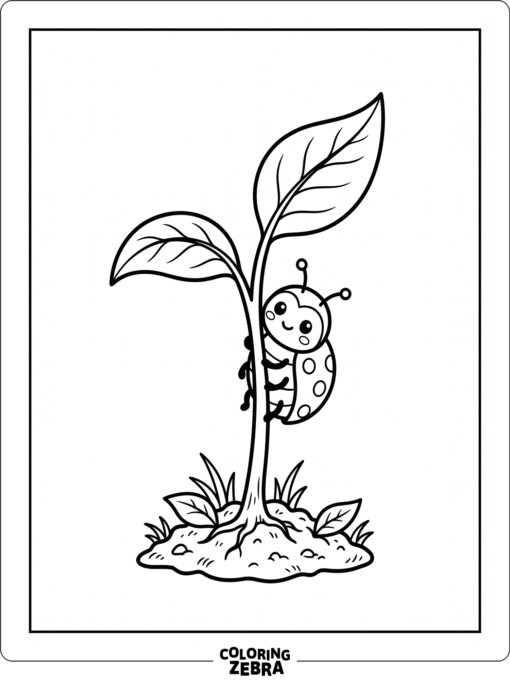 A baby ladybug peeking from behind a sprout