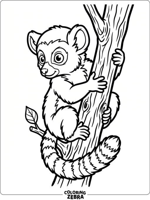 A baby lemur clings to a tree trunk with a leaf
