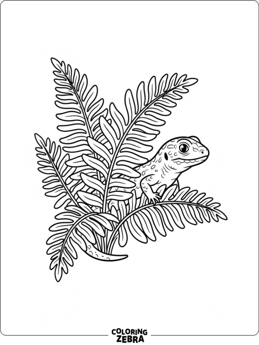 A baby lizard peeking out behind a fern