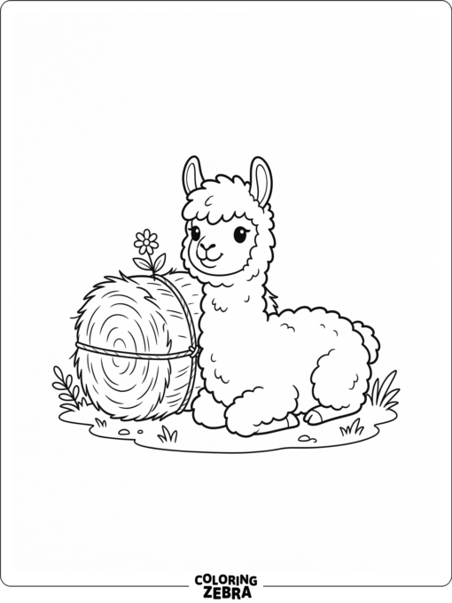 A baby llama resting next to a hay bale