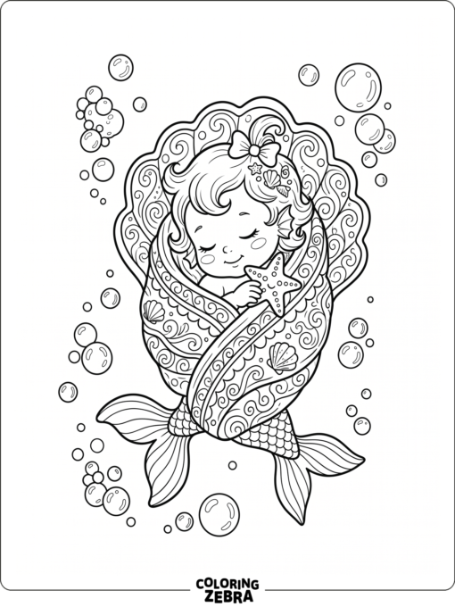 A baby mermaid wrapped in a shell blanket