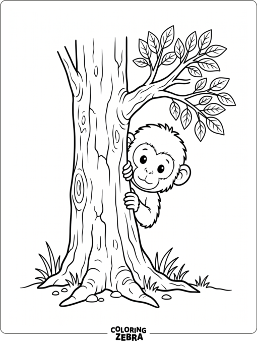 A baby monkey peeking from behind a tree trunk