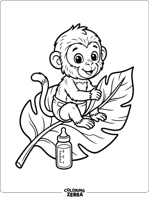 A baby monkey sitting on a leaf with a bottle