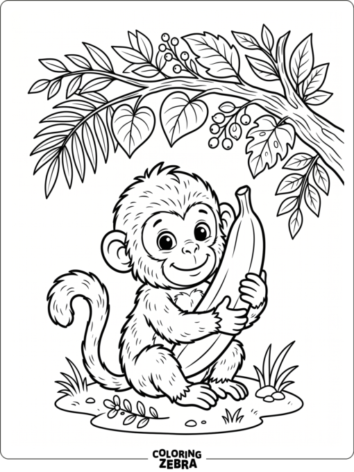 A baby monkey hugging a banana under leaves