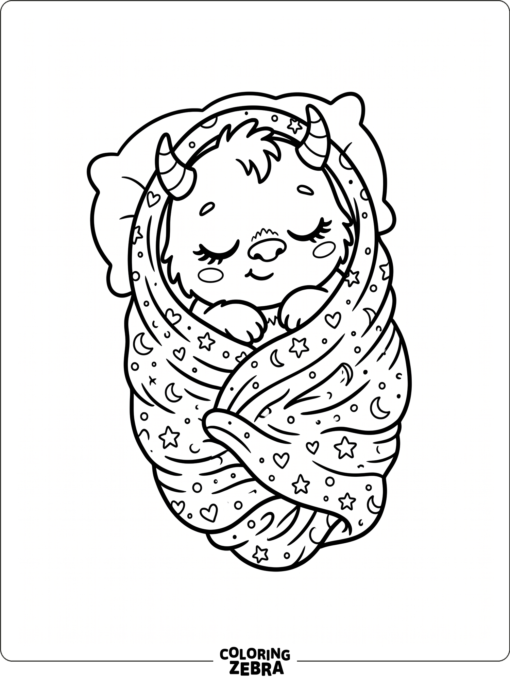 A sleepy baby monster in a blanket