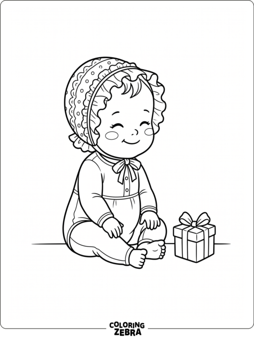 A baby in a bonnet sitting beside a tiny gift box