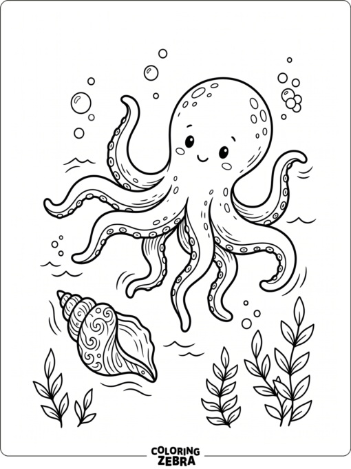 A small octopus with rounded tentacles near a seashell