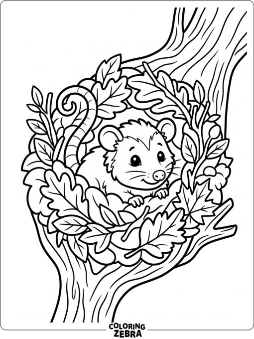 A baby opossum peeks out from a leafy nest