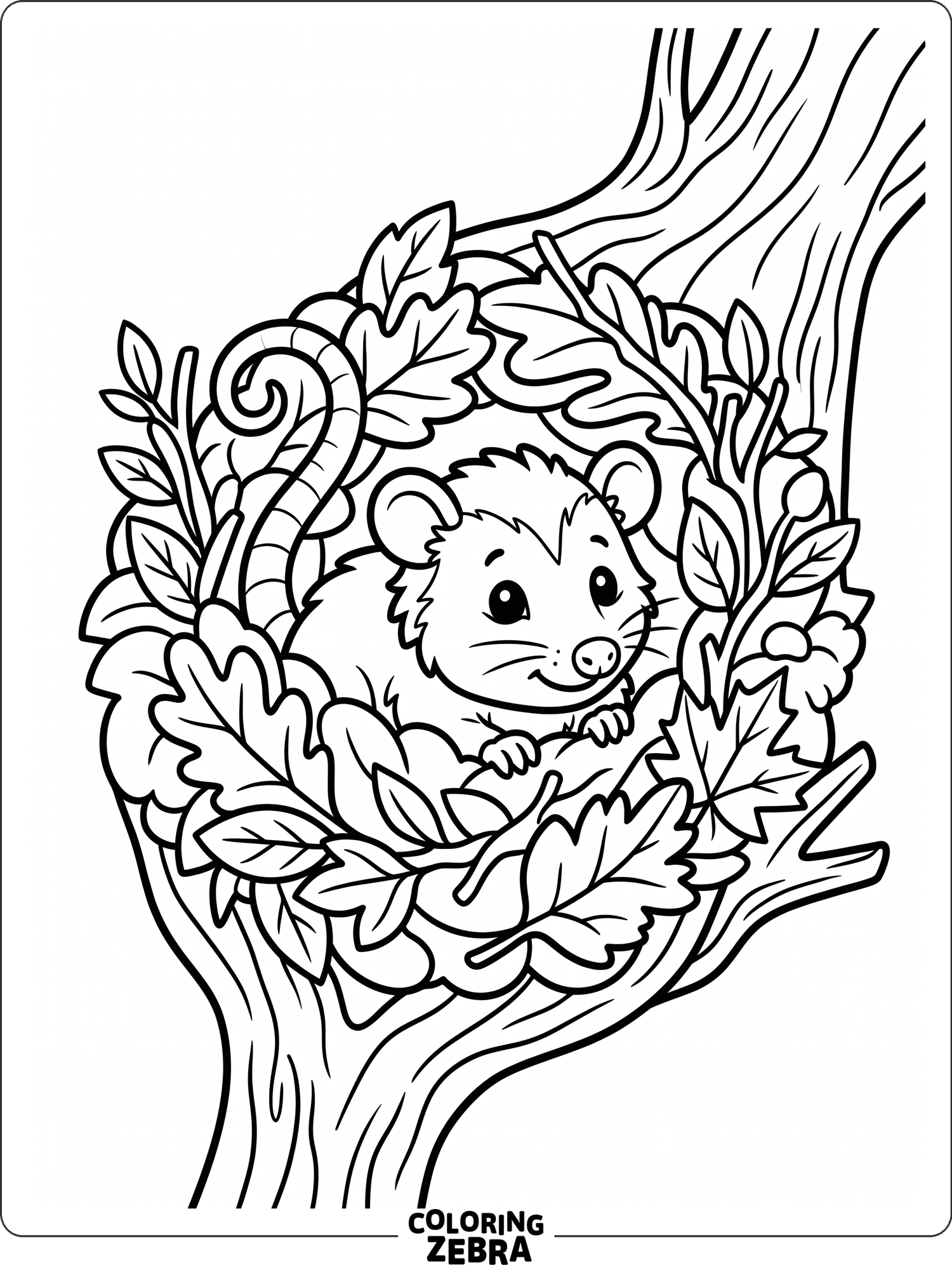 A baby opossum peeks out from a leafy nest