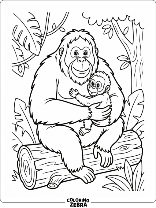 A mother orangutan holding her baby on a log