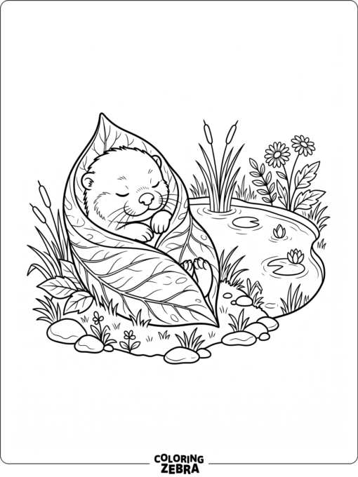 A baby otter wrapped in a leaf blanket by a pond