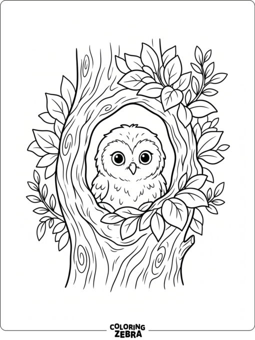 A baby owl peeks out from a tree hollow