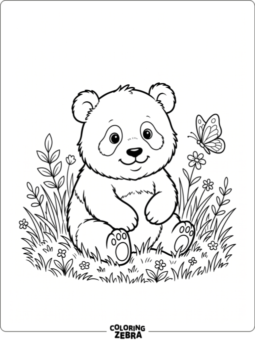 A baby panda bear sits in grass near a butterfly