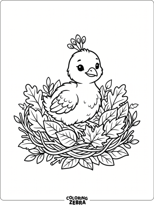 A baby peacock sitting in a nest of leaves