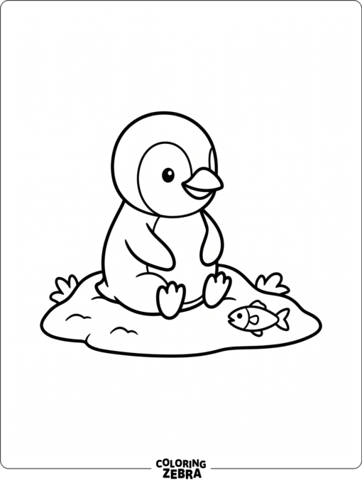 A baby penguin sitting on snow near a fish