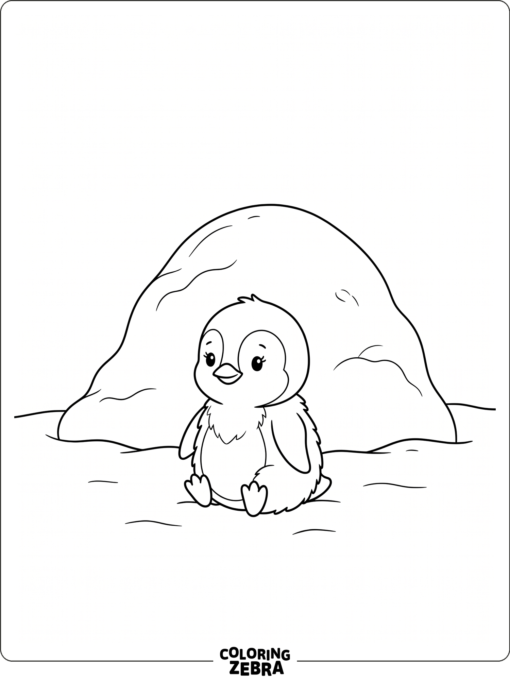 A tiny baby penguin sitting by a snow mound