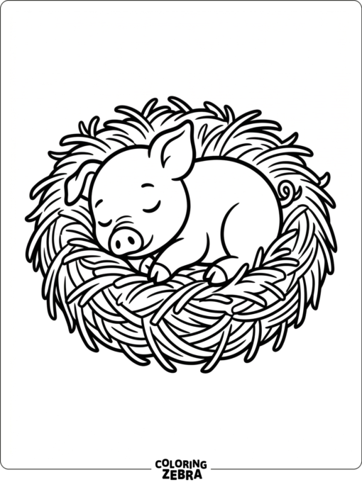 A baby pig sleeping in a straw nest