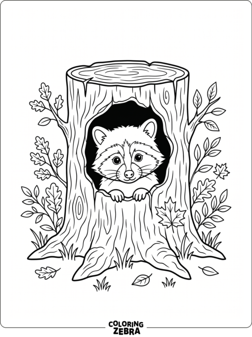 A baby raccoon peeking out of a tree stump