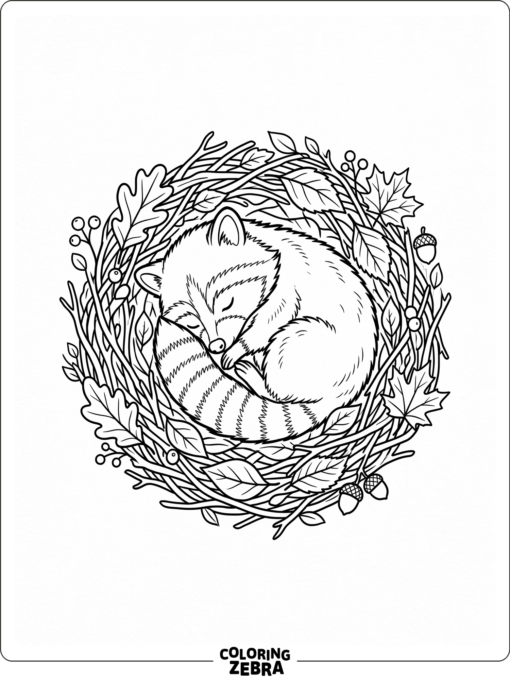 A baby raccoon curled in a leaf nest