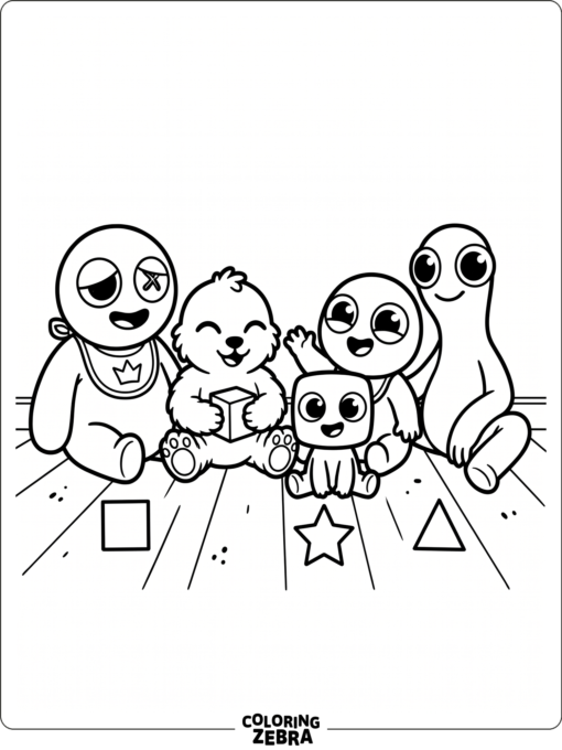 Baby Rainbow Friends sitting together on a simple floor scene