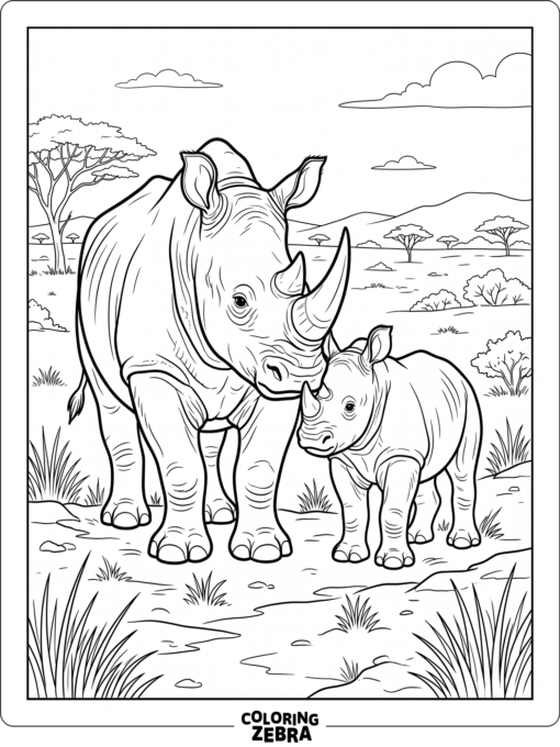 A baby rhino stands beside its mother on the savanna