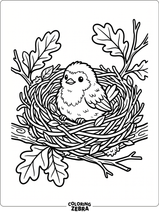 A baby robin resting in a nest of twigs