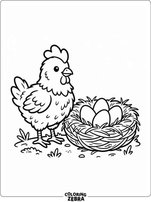 A fluffy rooster chick stands beside a straw nest in a minimal scene.