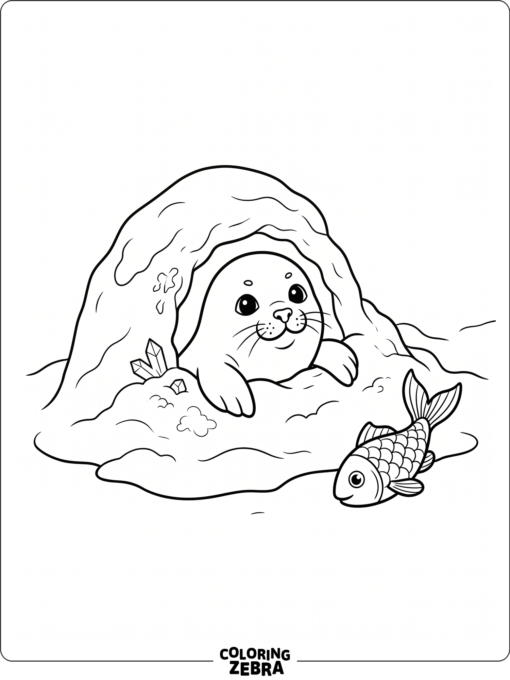 A baby seal peeking from snow beside a fish