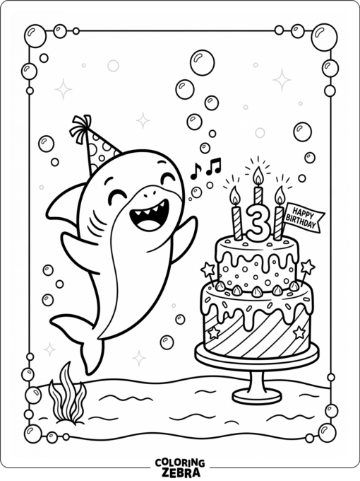 Baby shark near a cake with bubbles around it