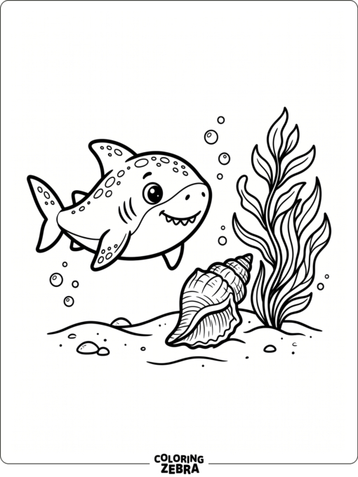 A smiling baby shark near a seashell and sea grass
