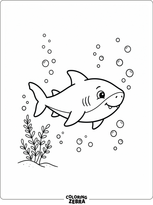 A smiling baby shark swims through bubbles near a little patch of seaweed