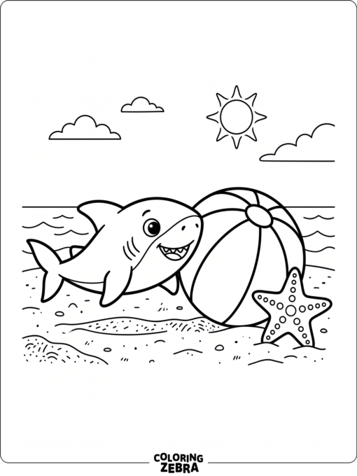 A baby shark next to a beach ball and starfish