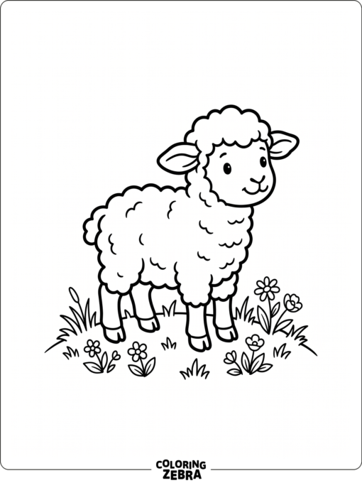 A baby sheep stands in a simple grassy scene with a few flowers