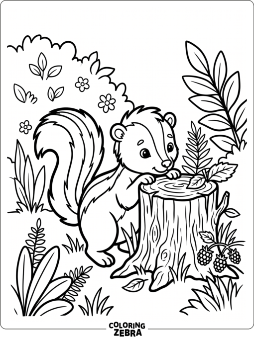 A baby skunk peeks out from behind a stump