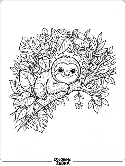 A cute baby sloth peeking from leaves with a flower