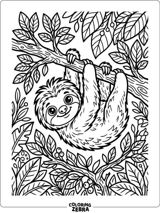 A tiny sloth hangs from a branch with soft leaves around it