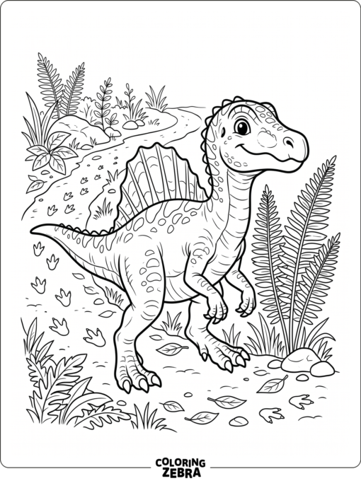A baby spinosaurus near a fern