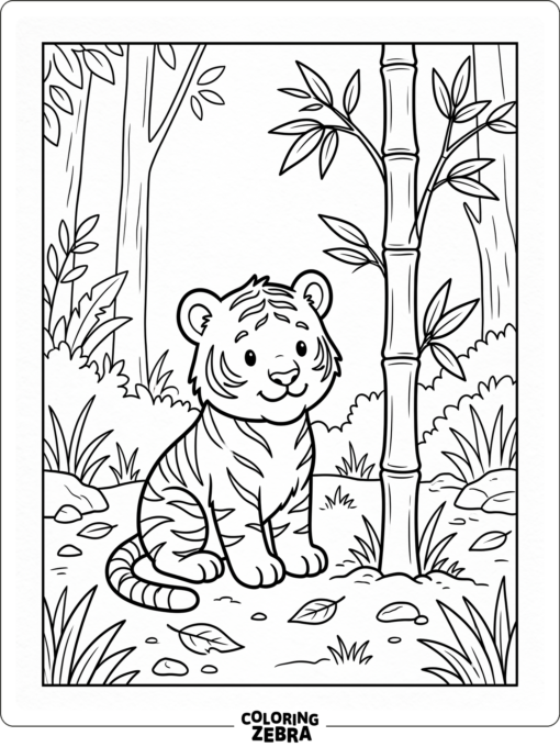 A baby tiger sitting near bamboo in a simple clearing
