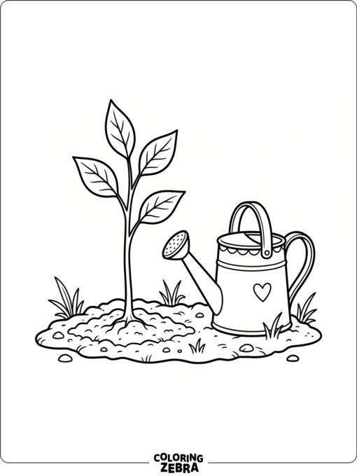 A baby tree with a watering can and a tiny sprout