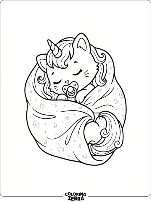 A baby unicorn cat curled in a blanket