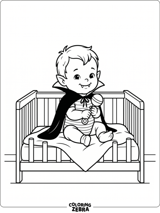 A baby vampire sitting in a crib