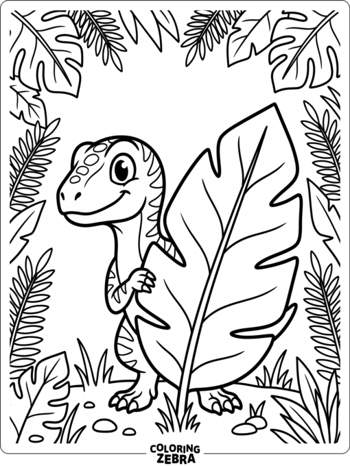 A baby velociraptor peeking from behind a leaf