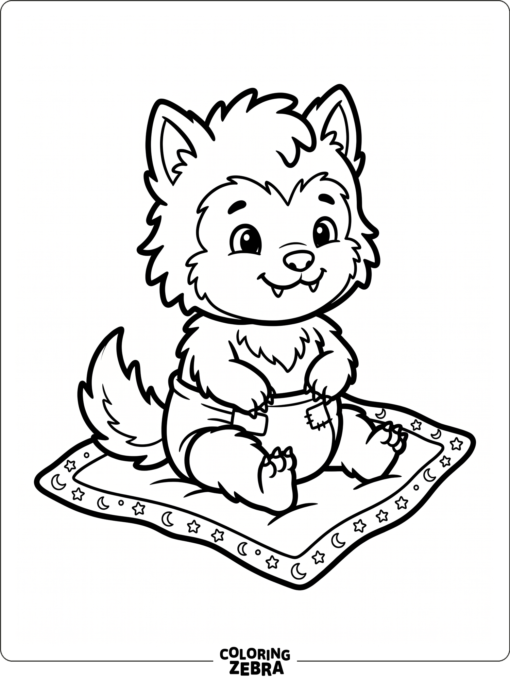 A tiny baby werewolf sitting on a blanket