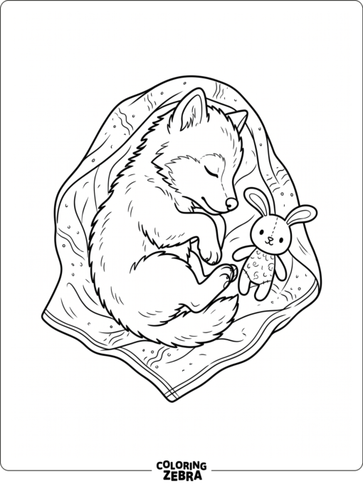 A baby wolf curled up beside a toy