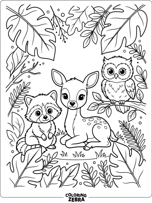 A baby raccoon, fawn, and owl in a woodland scene