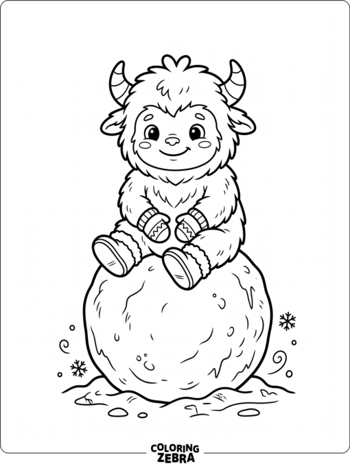 A baby yeti sits on a snowball with mittens in a simple snowy scene.